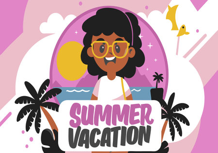 A girl wearing sunglasses stands next to a palm tree on a pink background, with the words summer vacation displayed.のイラスト素材