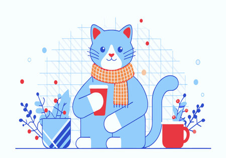 A blue cat wearing a scarf holding a cup of coffee.のイラスト素材