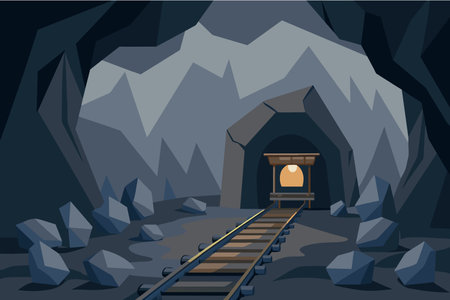 A mine cart track extends into a dark, rocky mountain tunnel.のイラスト素材