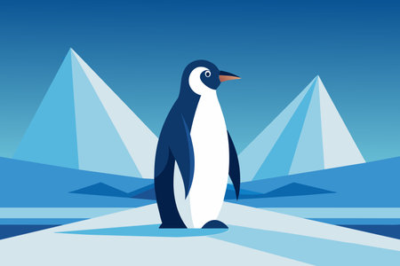 A penguin on a peaceful ice floe with distant icebergs against a blue sky.のイラスト素材