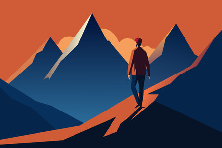 A solitary figure hikes towards towering peaks against the twilight sky.のイラスト素材