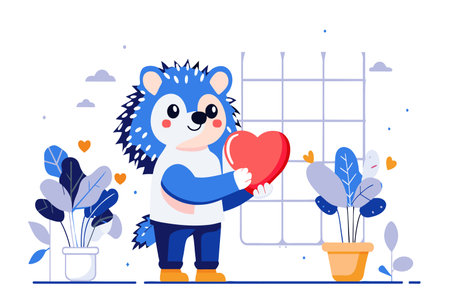 A smiling cartoon hedgehog with a heart symbolizes love and scheduling.のイラスト素材
