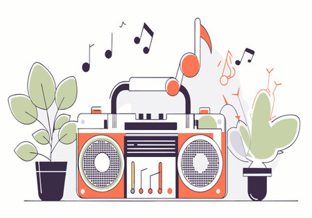 A red and black radio with a green leaf on it. The radio is surrounded by plants and has a musical note on itのイラスト素材