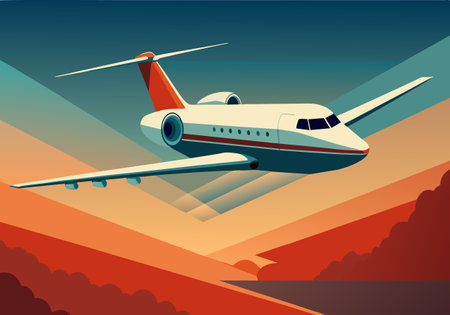 A red and white airplane flying through the sky. The airplane is in the middle of the sky and is surrounded by mountainsのイラスト素材