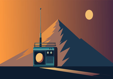 A radio is on a mountain with a sunset in the background. The radio is a small, blue modelのイラスト素材