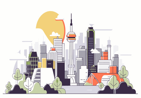 A city skyline with a large building in the middle and a large sun in the background. The sun is shining brightly and the city is bustling with activityのイラスト素材