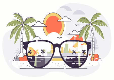 A pair of sunglasses with a reflection of a city and palm trees in the water. Scene is relaxed and...