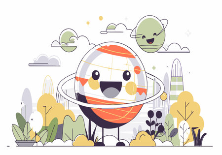 A cartoonish planet with a smiling face is surrounded by a wreathのイラスト素材