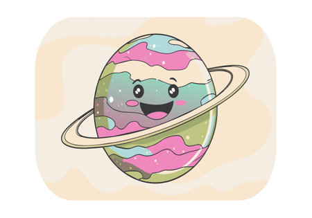 A cartoon drawing of a planet with a smiling face and a smiling ring. The planet is colorful and has a happy expressionのイラスト素材