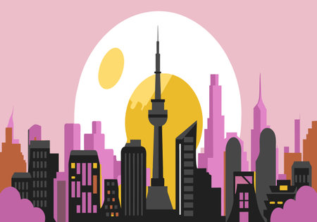 A city skyline with a large tower in the middle and a large egg in the background. The egg is surrounded by a pink and purple backgroundのイラスト素材