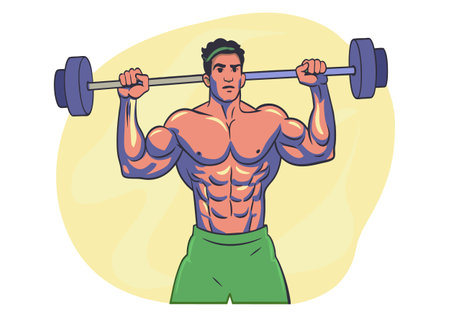 A man is lifting weights in a cartoonish style. The cartoonish style gives the image a fun and lighthearted moodのイラスト素材