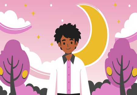 A young man is standing in front of a large yellow moon. The scene is set in a park with trees in the background. The man is smiling, and the overall mood of the image is cheerful and lighthearted.のイラスト素材