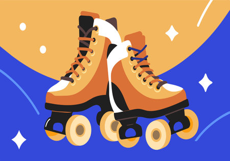 Two roller skates are shown on a blue background. The skates are orange and black. The background is blue and has a star patternのイラスト素材