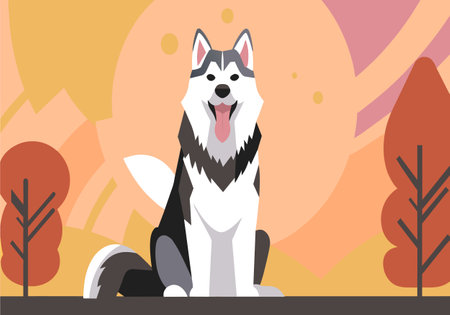 A dog is sitting on a ledge in front of a tree. The dog is smiling and has its tongue outのイラスト素材