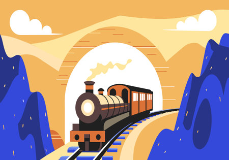 A train is traveling down a track with a bridge in the background. The train is surrounded by mountains and the sky is blueのイラスト素材