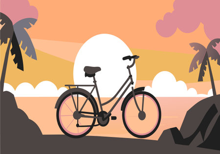 A bicycle is parked on a beach near the ocean. The sky is orange and the sun is settingのイラスト素材