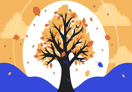 A tree with leaves falling on a blue backgroundのイラスト素材
