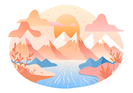 A mountain range with a river running through it and a sun in the sky. The mountains are orange and the sky is pinkのイラスト素材