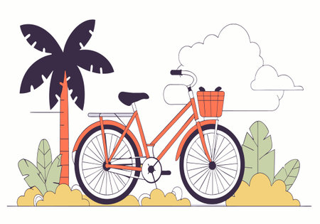 A cartoonish drawing of a bicycle with a basket on the front. The bicycle is parked next to a palm treeのイラスト素材