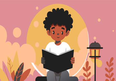 A young black boy is reading a book. The book is open to a page with a picture of a tree. The boy is sitting on a bench in a parkのイラスト素材