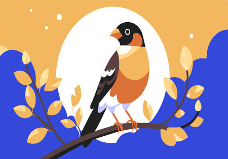 A bird is perched on a branch in front of a blue sky. The bird is small and brown, with a black beak. The sky is a bright blue color, and there are some leaves on the branchのイラスト素材