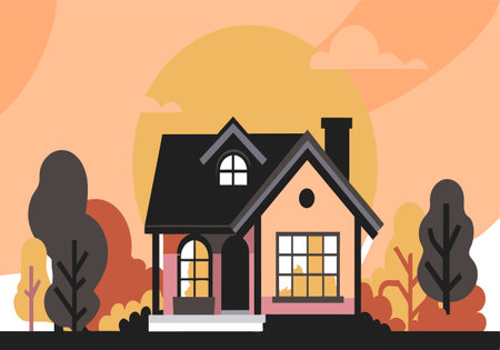 A house with a black roof and a red trim sits in front of a tree. The house is surrounded by trees and bushes, and the sky is orange and cloudyのイラスト素材