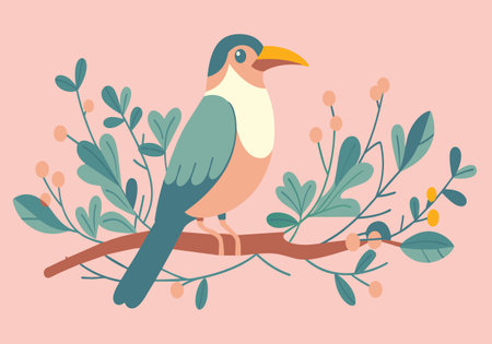 A bird is perched on a branch with green leaves. The bird is looking up at the viewerのイラスト素材