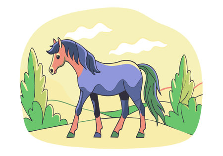 A horse is walking in a field with trees in the background. The horse is blue and whiteのイラスト素材