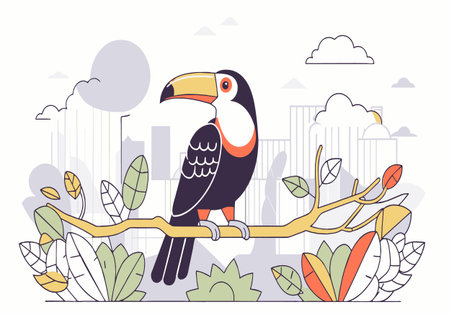 A colorful bird is perched on a branch in front of a city skyline. The bird is surrounded by lush green leaves and the sky is filled with clouds. Concept of tranquility and harmony between natureのイラスト素材