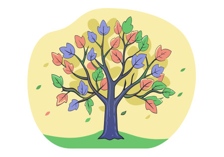 A tree with many leaves of different colors. The leaves are green, blue, red, and yellowのイラスト素材
