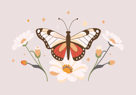 A butterfly is surrounded by flowers, with a white flower in the center. The butterfly is the main focus of the image, and the flowers are arranged around it in a way that creates a sense of harmonyのイラスト素材