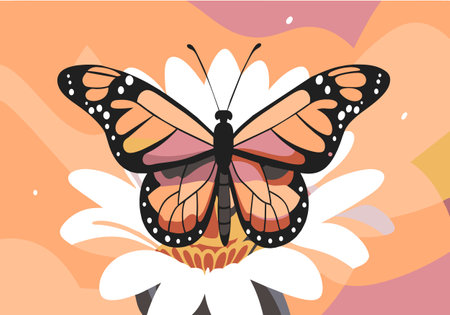 A butterfly is sitting on a flower. The butterfly is orange and black