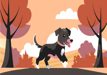 A black and white dog is running in a park. The dog is wearing a pink collar. The sky is cloudy and the trees are orangeのイラスト素材