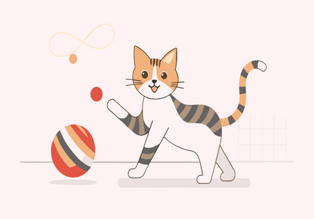 A cartoon cat playing with a ball. The cat is smiling and he is enjoying himself. The scene is lighthearted and playful, with the cat being the main focus of the imageのイラスト素材