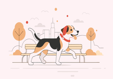 A dog is walking on a bench in a park. The dog is wearing a red collar and he is happy. The bench is empty, and the park is surrounded by trees. Concept of peace and relaxationのイラスト素材