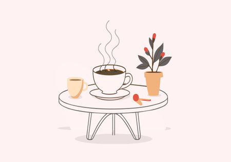 A white table with a cup of coffee and a potted plant on itのイラスト素材