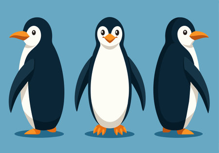 Three penguins are standing in a row, each with their own unique pose. The first penguin is standing with its head tilted to the side, the second is standing with its head held highのイラスト素材