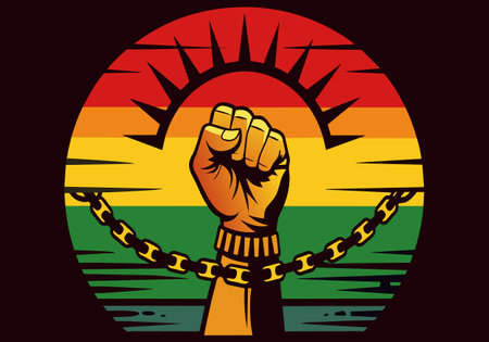 A fist is chained to a chain with a sun in the background. The image is a symbol of oppression and the struggle for freedomのイラスト素材