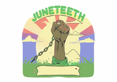 A hand is chained behind a fist with the word "JUETEETH" written above itのイラスト素材