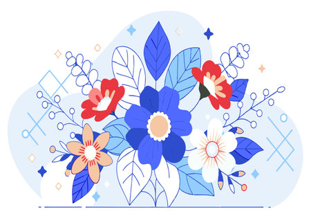 A blue and red flower bouquet with white flowers. The flowers are arranged in a way that they look like they are blooming. Scene is cheerful and bright, as the colors of the flowers are vibrantのイラスト素材