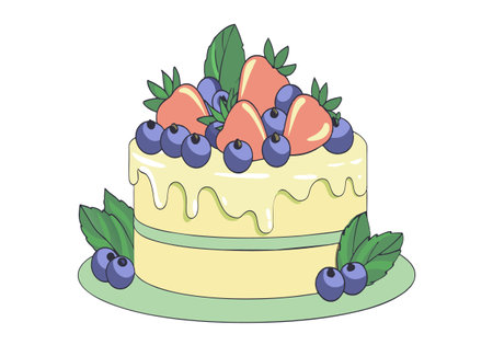 A cake with strawberries and blueberries on top. The cake is white and has a blueberry frostingのイラスト素材