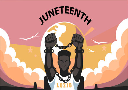 A man is chained to a globe with the word "JUETEENTH" written above himのイラスト素材