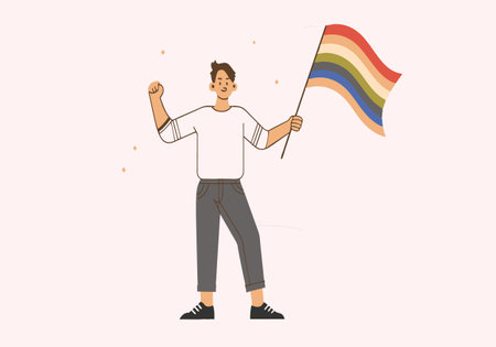 A man is holding a rainbow flag and is smiling. The flag is colorful and represents the LGBTQ+ communityのイラスト素材