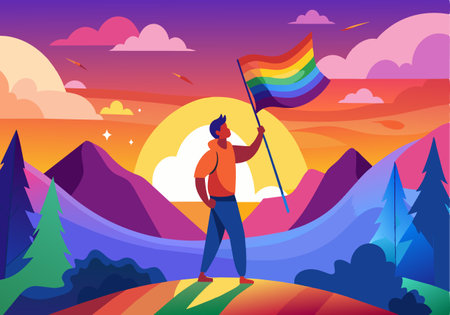 A man is holding a rainbow flag in a beautiful landscape. The flag is a symbol of pride and acceptance for the LGBTQ+ community. The man is standing on a hill, looking up at the skyのイラスト素材