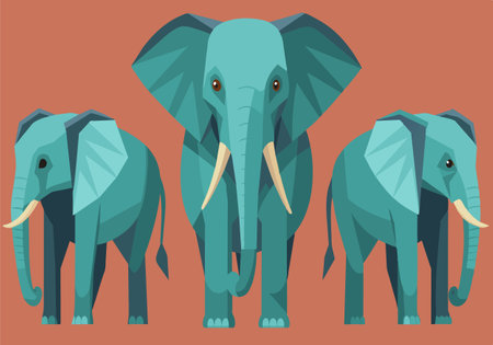 Three elephants standing in a row, one of which is blue. The elephants are all facing the same direction, and they appear to be looking at the camera. The image has a calm and peaceful moodのイラスト素材