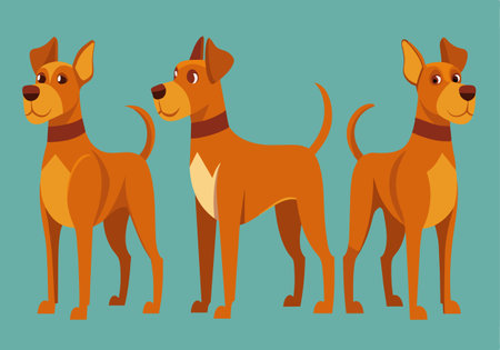 Three dogs are standing in a row, each with a different expression. The first dog has a happy expression, while the second and third dogs have a more serious look. The dogs are all brownのイラスト素材