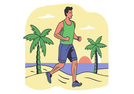 A man is running on a beach with palm trees in the background. Concept of relaxation and leisure, as the man is enjoying a run in a beautiful, tropical settingのイラスト素材