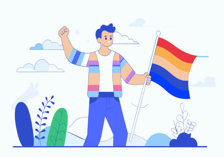 A man holding a rainbow flag with a fist raised in the air. The flag is orange, blue, and redのイラスト素材