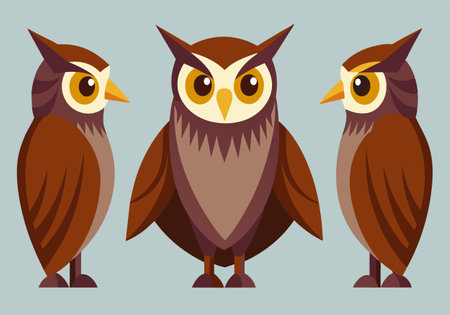 Three owls are standing in a row, with one of them looking at the camera. The owls are all brown and have big eyes, giving them a fierce and intimidating appearanceのイラスト素材