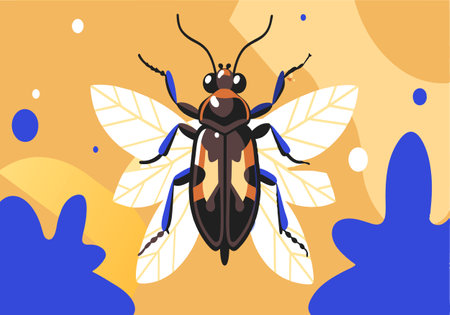 A bug with wings is on a yellow background. The bug is brown and blackのイラスト素材